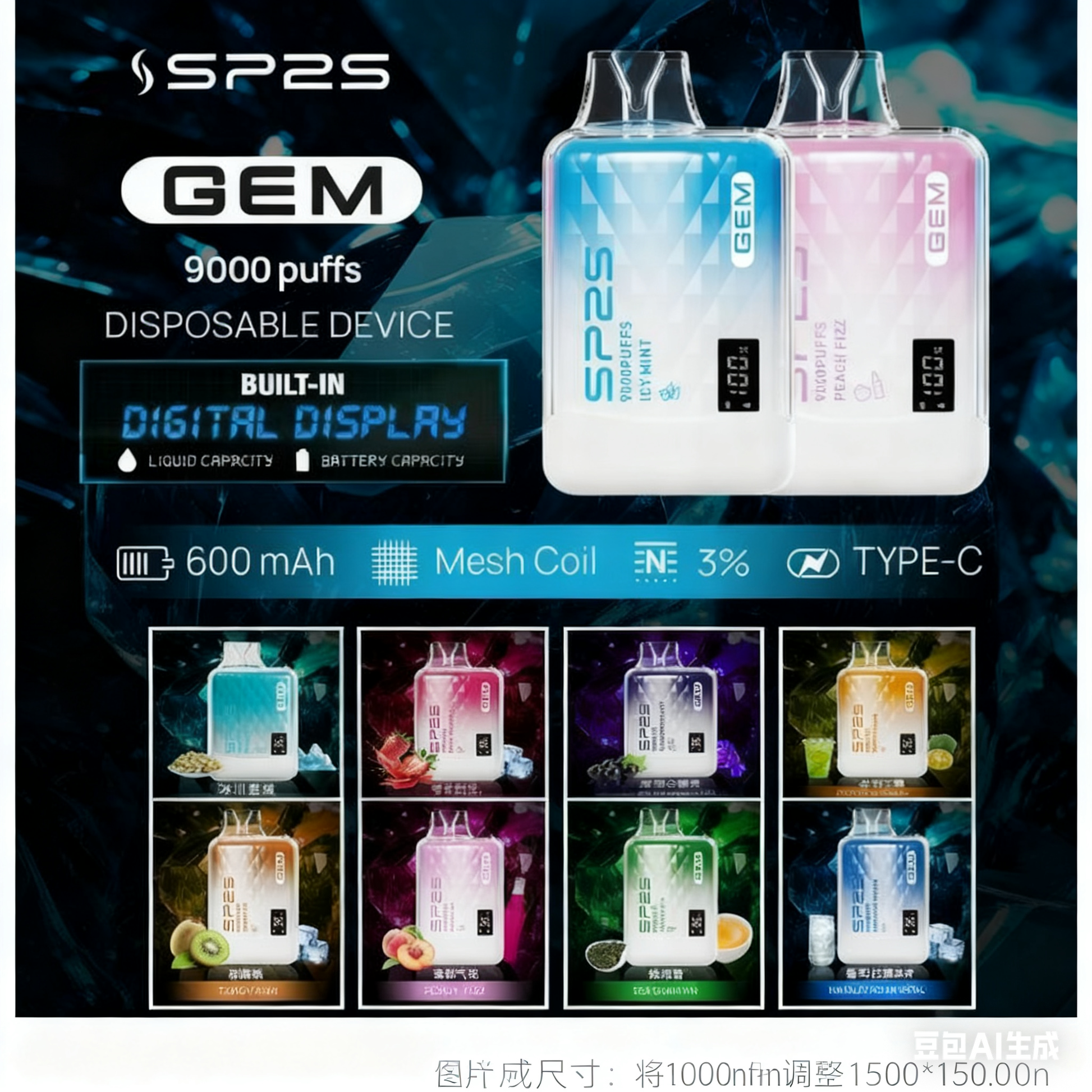 原廠正品 SP2S 品牌 GEM 系列  一次性 拋棄式 9000口  S9000 超大容量 品質保證 顯示液體容量與電池容量 非 ILIA LANA RELX 東京魔盒 - VC蒸氣