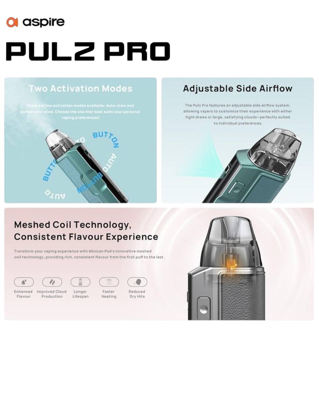原廠正品 Aspire Pulz Pro  電子煙  小煙 注油式 大容量1400mAh Minican 5代 VC蒸氣