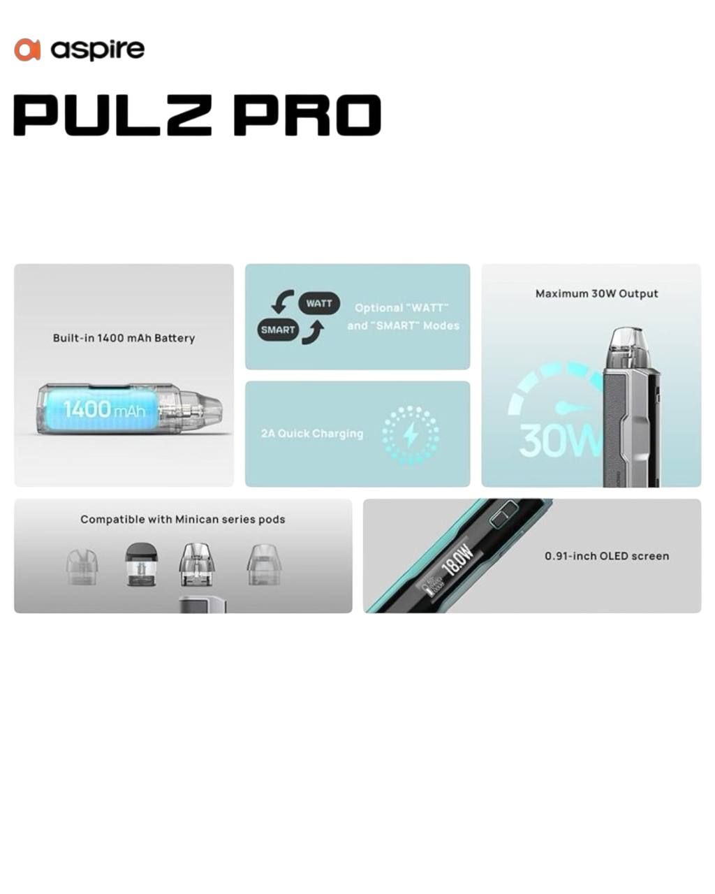 原廠正品 Aspire Pulz Pro  電子煙  小煙 注油式 大容量1400mAh Minican 5代 VC蒸氣